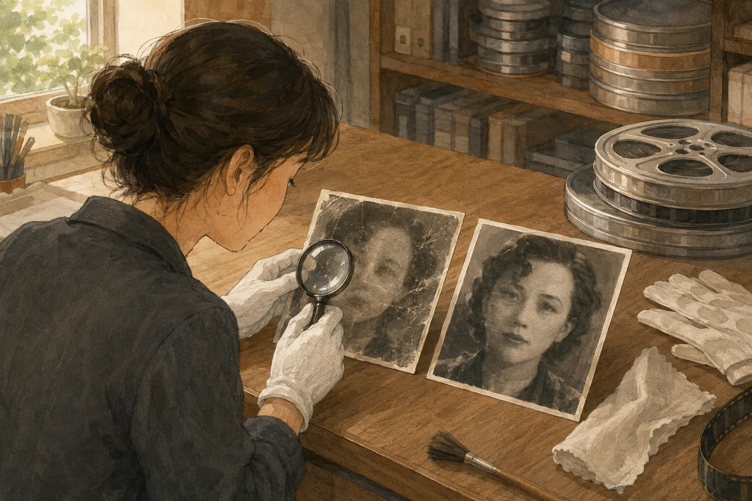 영화 보존 담당자가 흐릿한 원본 사진과 얼굴 세부가 선명해진 복원 사진을 나란히 놓고 확대경으로 비교하고 있어요.