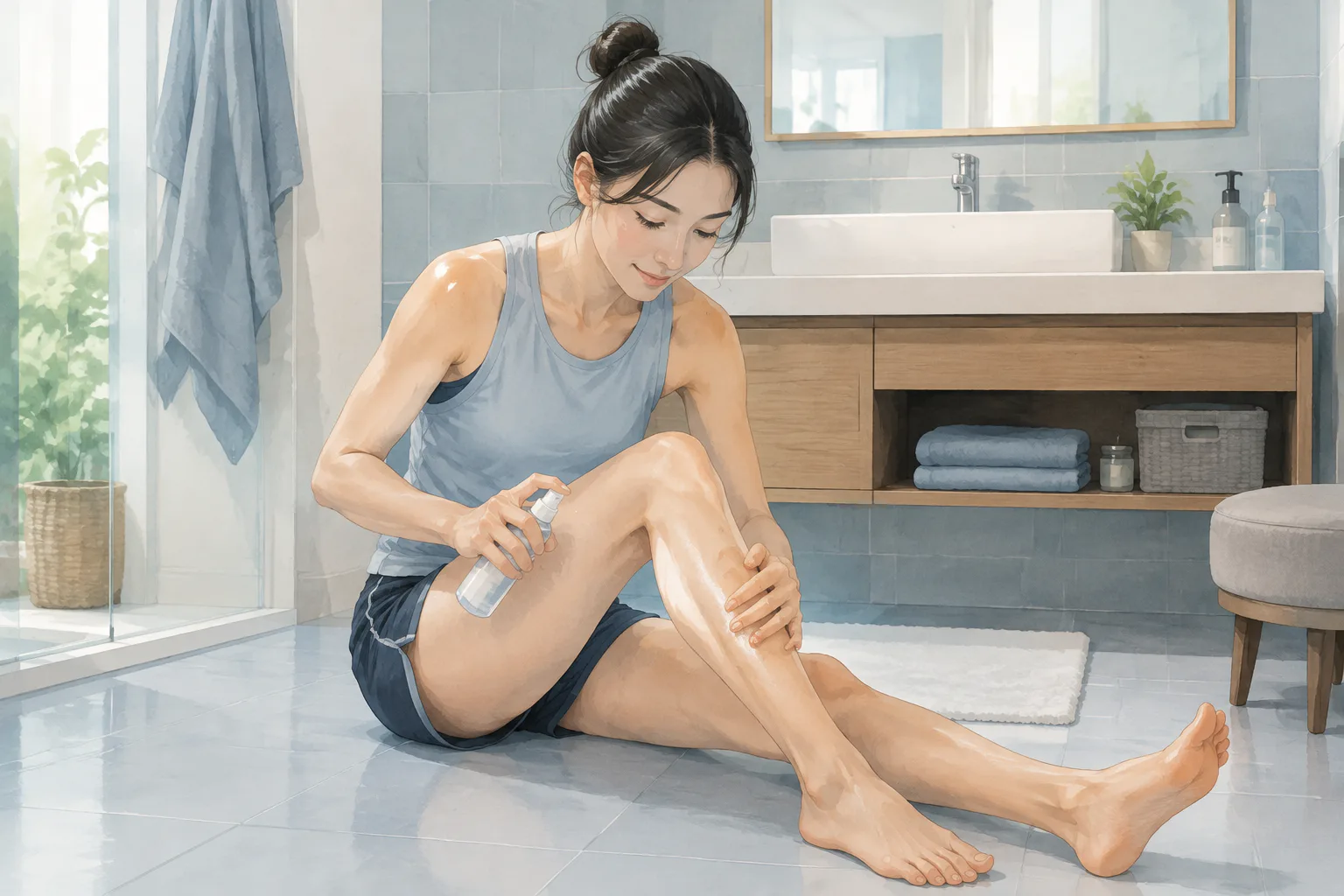 운동을 마친 성인이 욕실 거울 앞에서 스프레이를 종아리에 뿌리고 손으로 마사지하고 있어요.