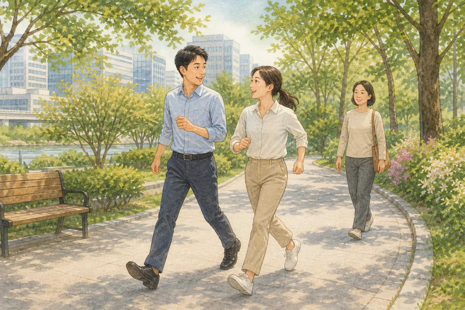 점심시간에 두 직장인이 공원에서 큰 보폭으로 빠르게 걸으며 서로 대화하고 있다.