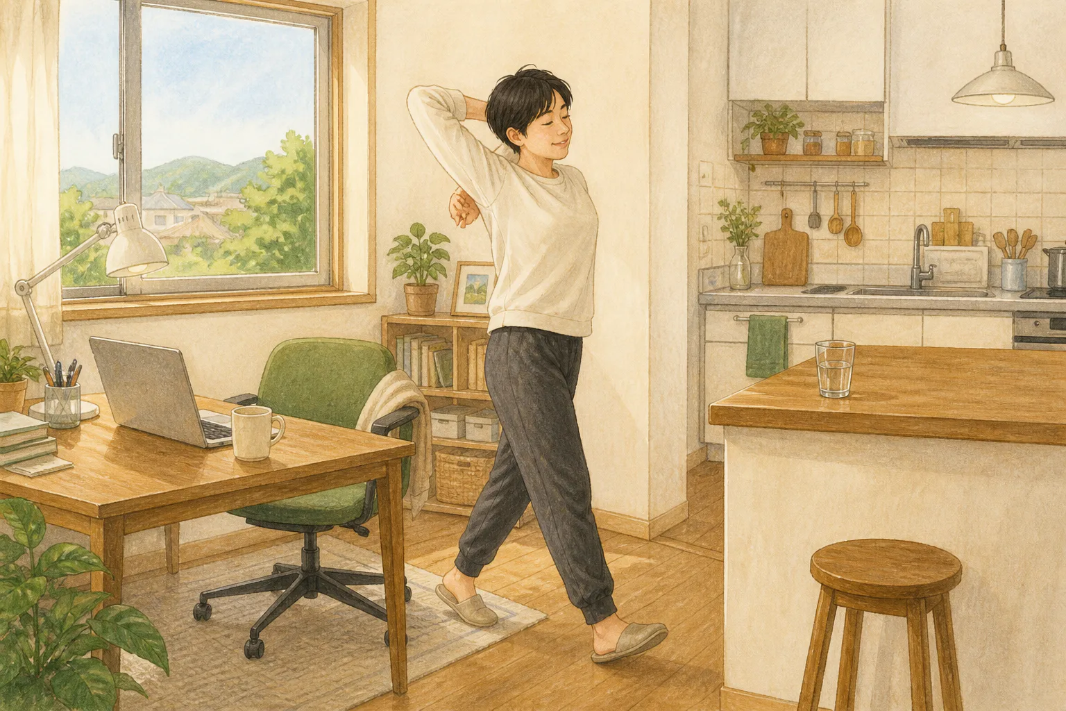 노트북이 놓인 책상에서 일하던 성인이 의자에서 일어나 기지개를 켜며 물컵이 있는 주방으로 걸어가고 있다.