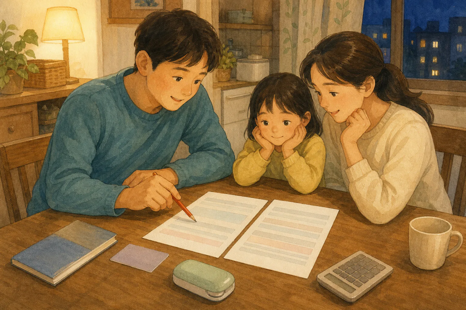 식탁에서 이전과 현재의 대출 안내문을 나란히 놓고 가산금리와 우대 조건의 변화를 비교하는 사람