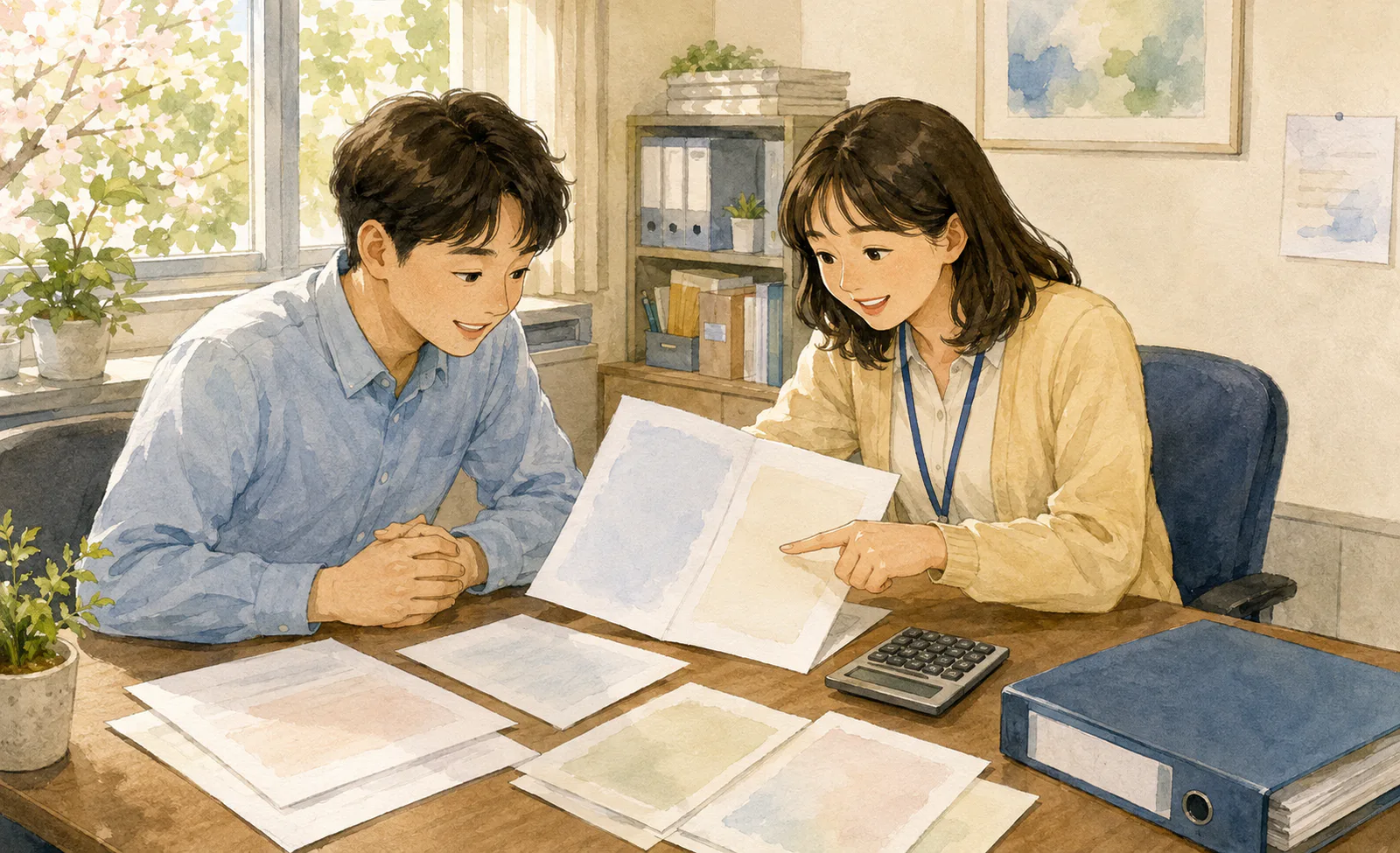 회사 급여 담당자가 직원과 마주 앉아 계산기와 여러 장의 급여 서류를 펼쳐 놓고 차이가 난 부분을 설명하고 있다.