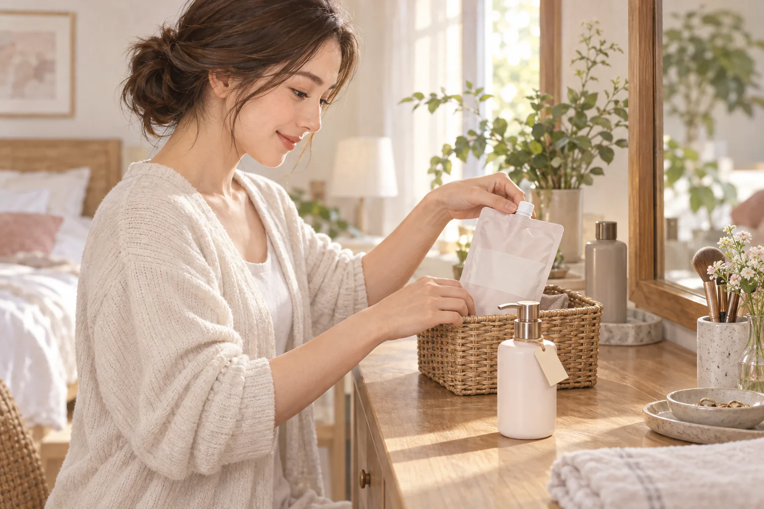 한 사람이 리필 파우치를 작은 바구니에 보관하고 새로 채운 무지 화장품 용기에는 빈 종이 태그를 달고 있어요.