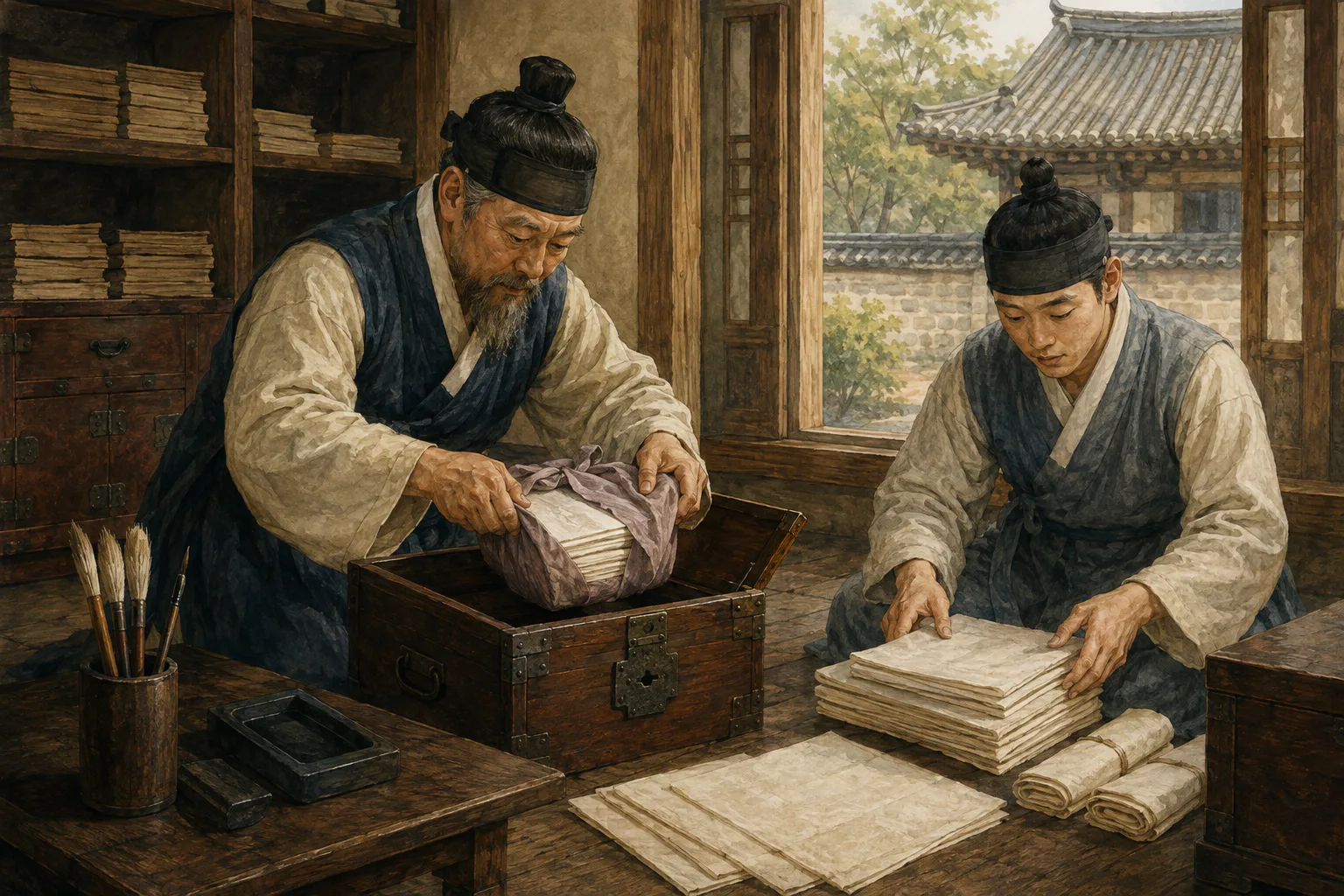 조선시대 사랑방에서 집안 어른이 접은 한지 문서를 보자기에 싸 나무 궤에 넣고 젊은 가족이 다른 문서 묶음을 정리하고 있어요.