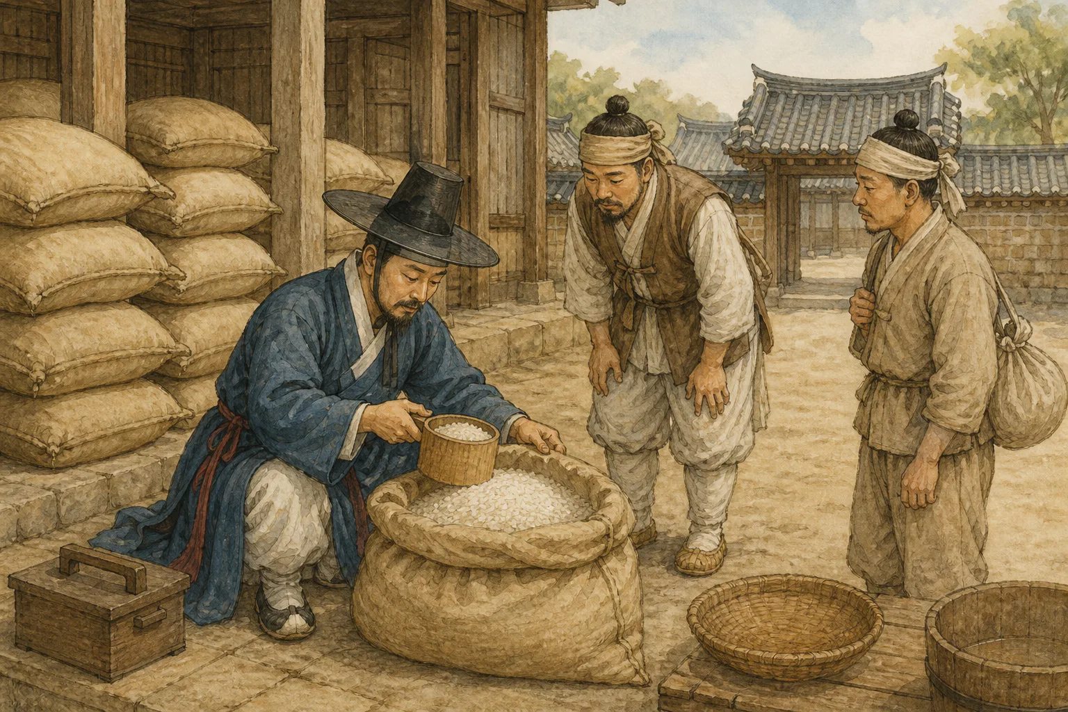 조선 후기 관청 창고 마당에서 관리가 쌓인 쌀가마니 옆에 앉아 됫박으로 쌀을 재고 상인과 백성이 이를 지켜보고 있다.