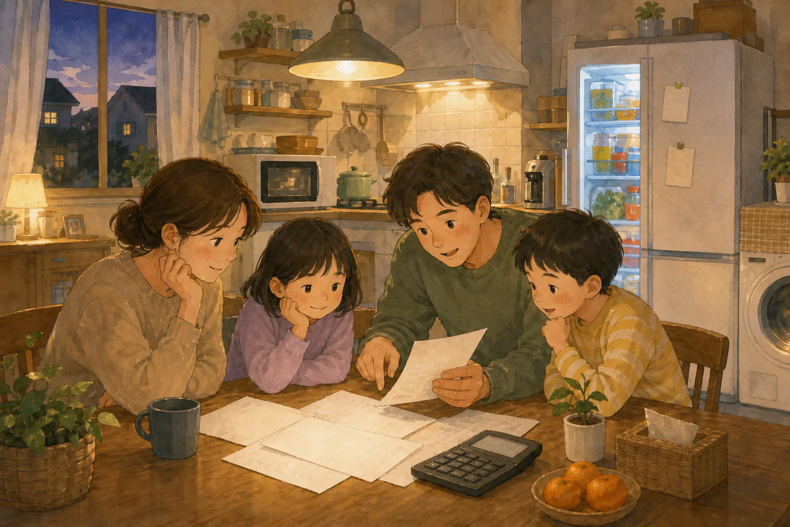 저녁 주방에서 가족이 작동 중인 냉장고를 뒤로하고 식탁 위 전기요금 고지서와 계산기를 함께 살펴보고 있다.
