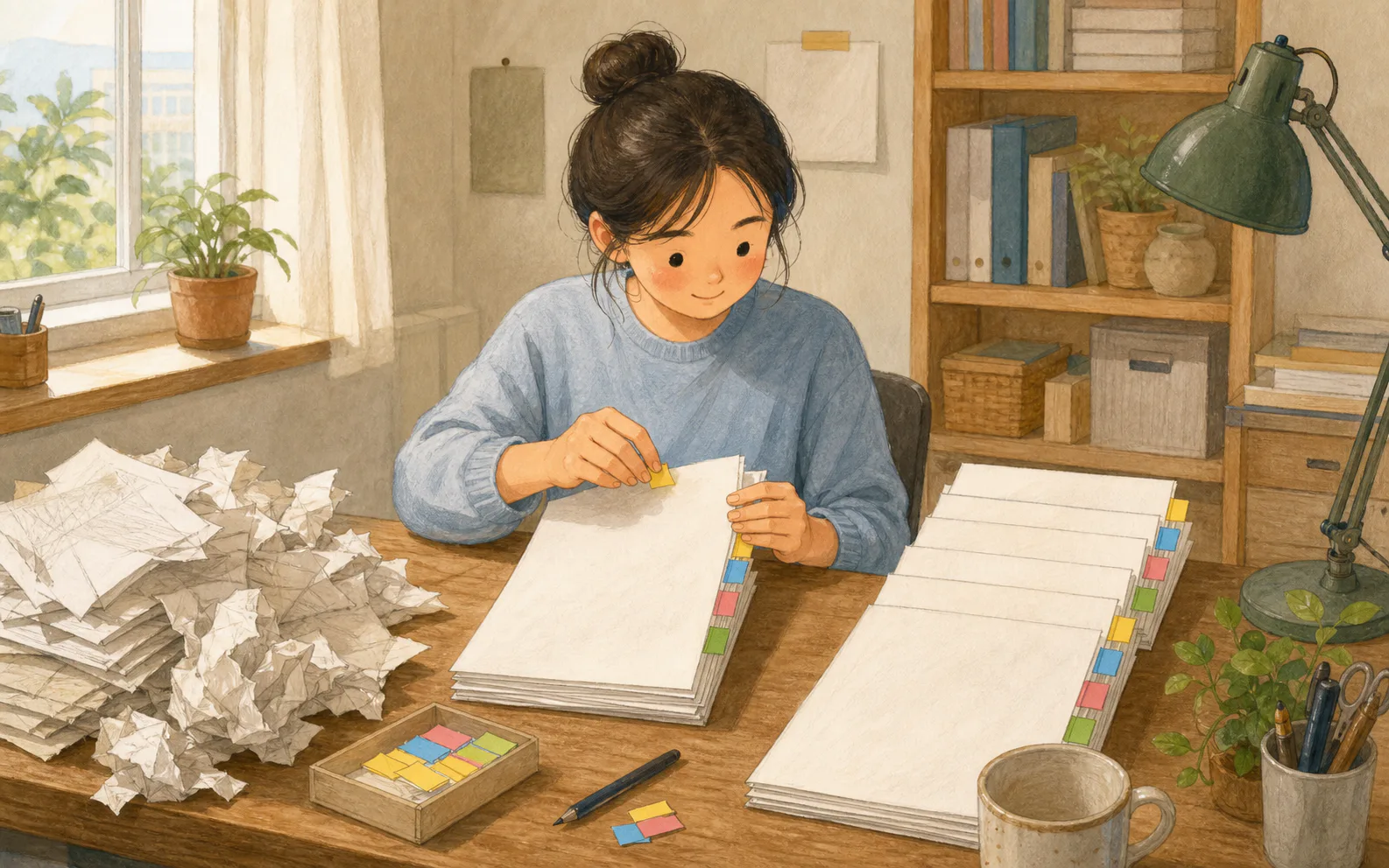 작업실 책상에서 한 사람이 서로 다른 색의 탭을 같은 순서로 붙여 여러 문서를 가지런히 정리하고 있다.