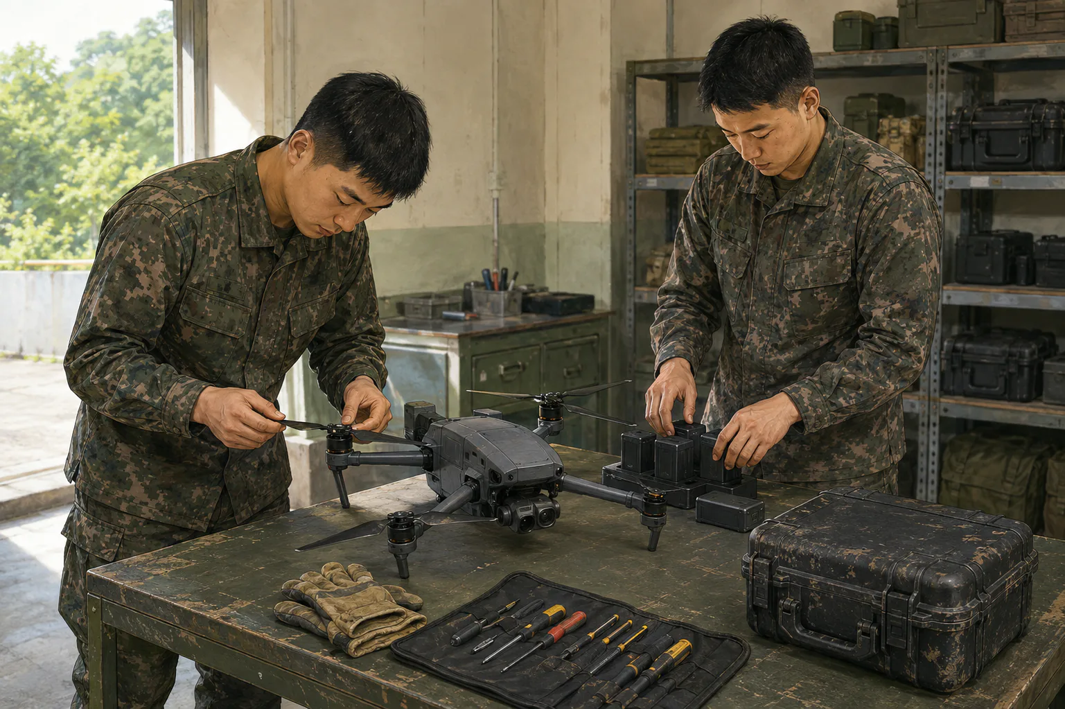 정비 공간의 작업대에서 두 병사가 비행을 마친 드론의 프로펠러와 배터리를 점검하고 공구를 정리하고 있어요.