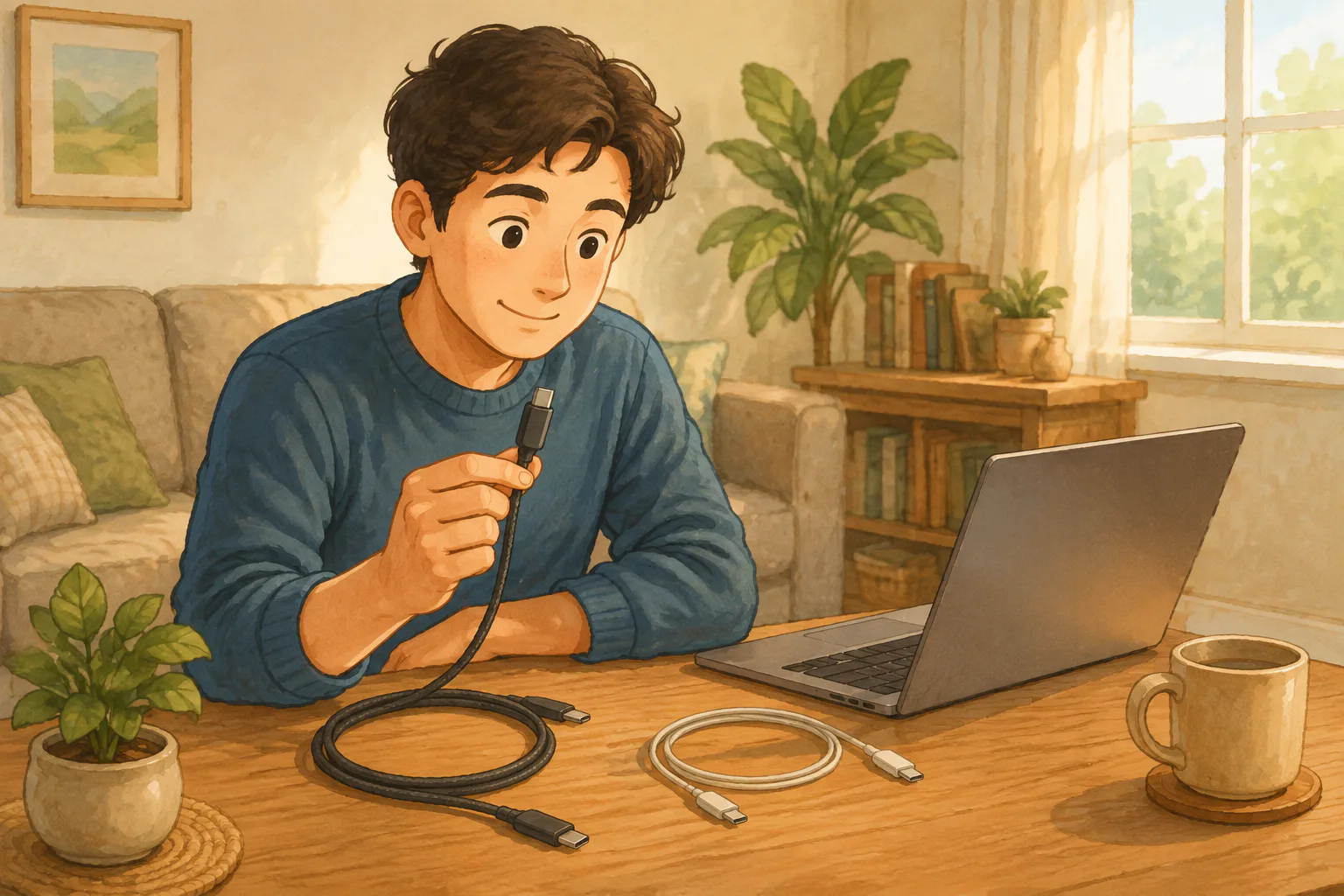 거실 테이블에서 한 사람이 굵기가 다른 USB-C 케이블 두 개 중 더 굵은 케이블의 커넥터를 들어 살펴보고 있어요.