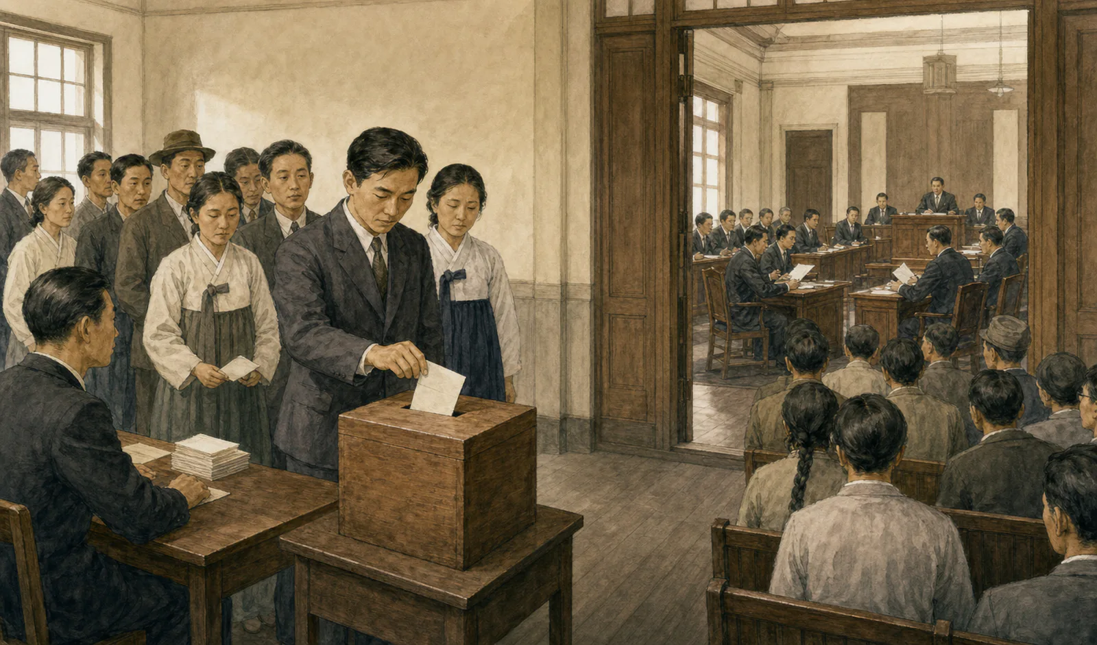 1948년 5월 시민들이 투표소에서 표를 행사하고, 선출된 의원들이 제헌국회에서 헌법을 논의하는 과정을 이어 보여주는 삽화
