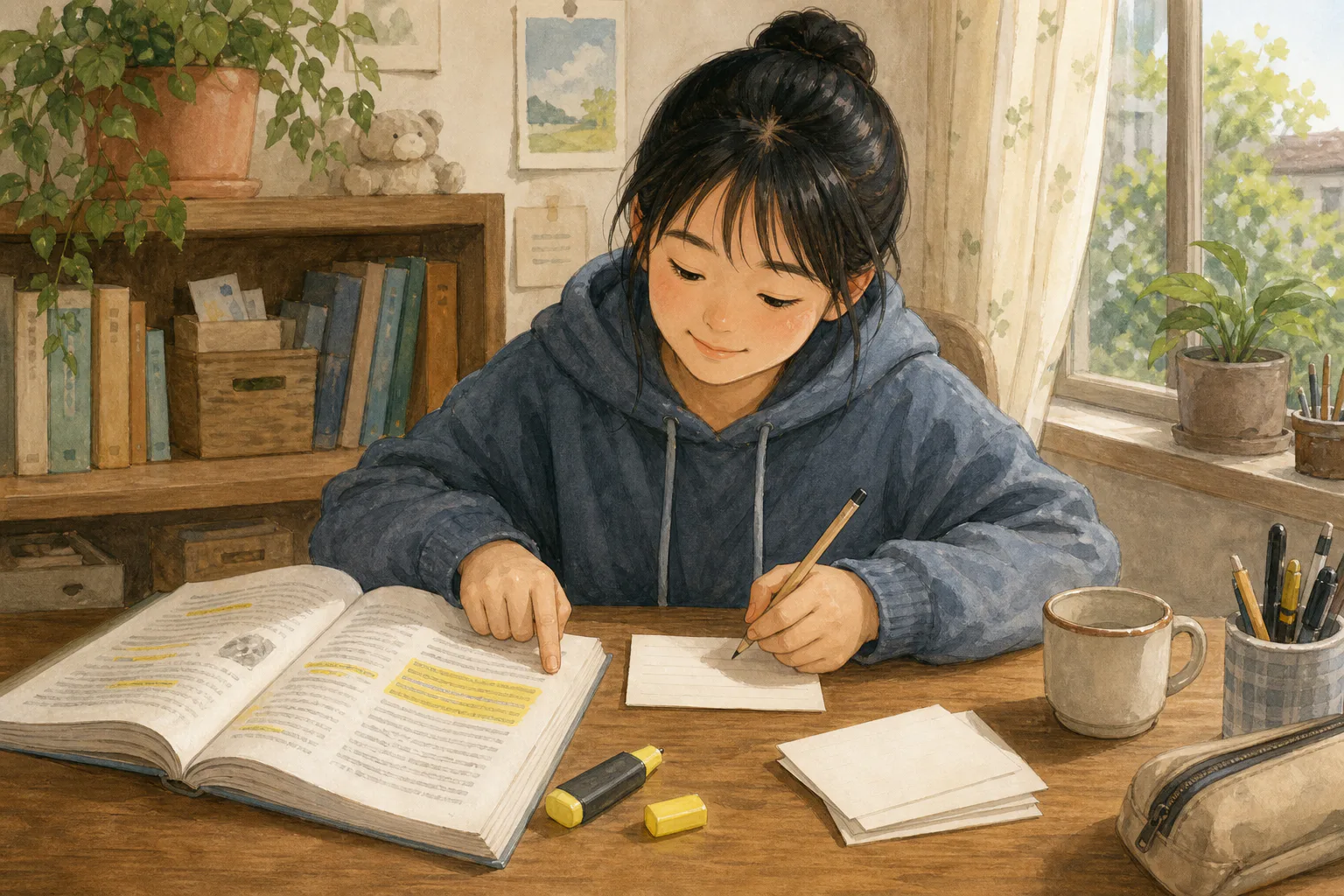 학생이 형광펜으로 표시한 교재를 보지 않고 작은 답안 카드에 기억난 내용을 적는 모습