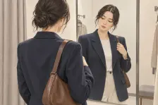 피팅룸 거울 앞에서 네이비 재킷을 입은 사람이 한쪽 어깨에서 흘러내리는 갈색 숄더백 끈을 붙잡고 좌우 어깨선을 살펴보고 있다.