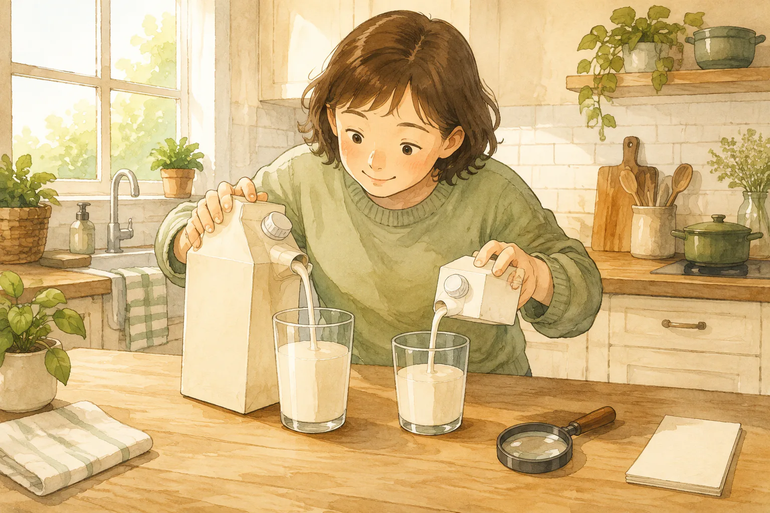 주방 조리대에서 한 사람이 크기가 다른 음료 팩 두 개를 각각 투명한 컵에 따라 실제 마실 양을 비교하고 있어요.
