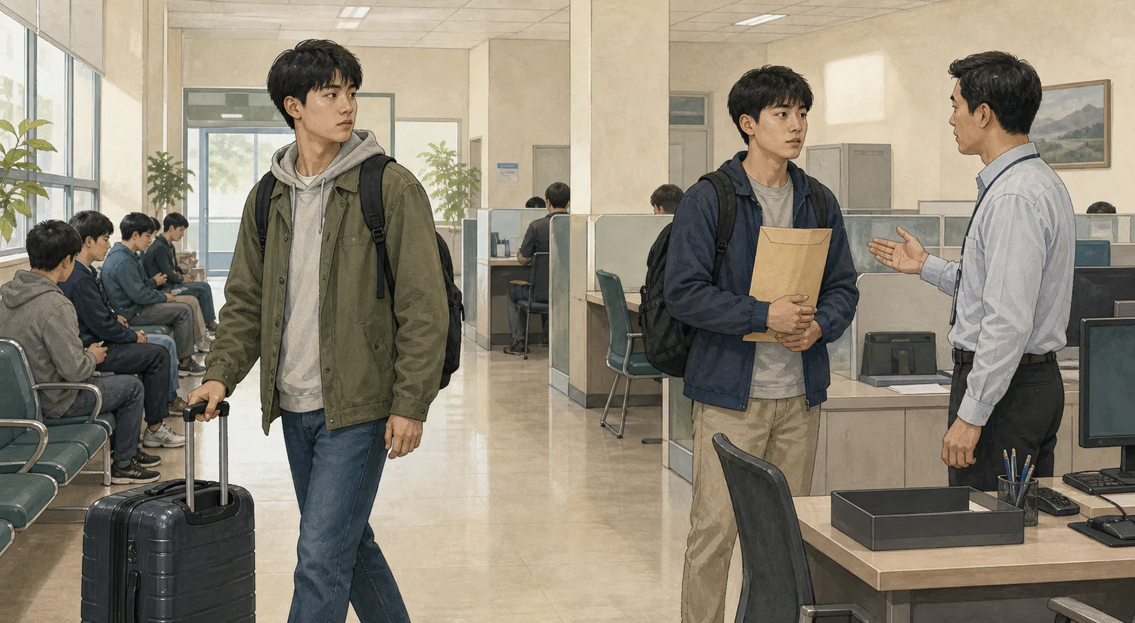 입영 대기 공간에서 가방을 든 청년은 입영장으로 향하고 검사 서류 봉투를 든 친구는 담당자의 설명을 들으며 멈춰 서 있다.