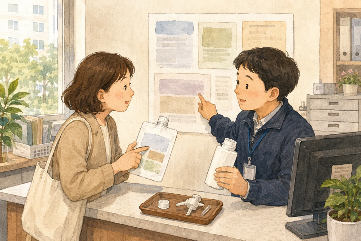 아파트 관리사무소에서 주민이 용기와 분리한 부속품을 직원에게 보여주고, 두 사람이 벽의 배출 안내 자료와 표시 부분을 함께 확인하고 있어요.