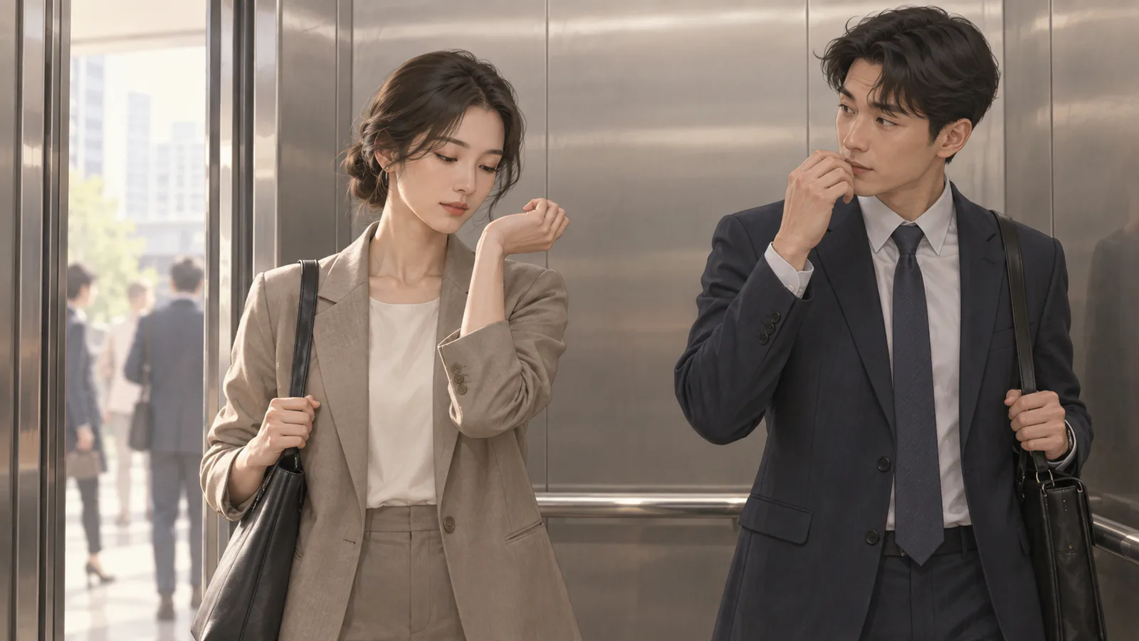 엘리베이터 안에서 한 사람은 손목의 향을 확인하고 막 탄 승객은 주변에 퍼진 향을 새롭게 감지하는 모습이다.