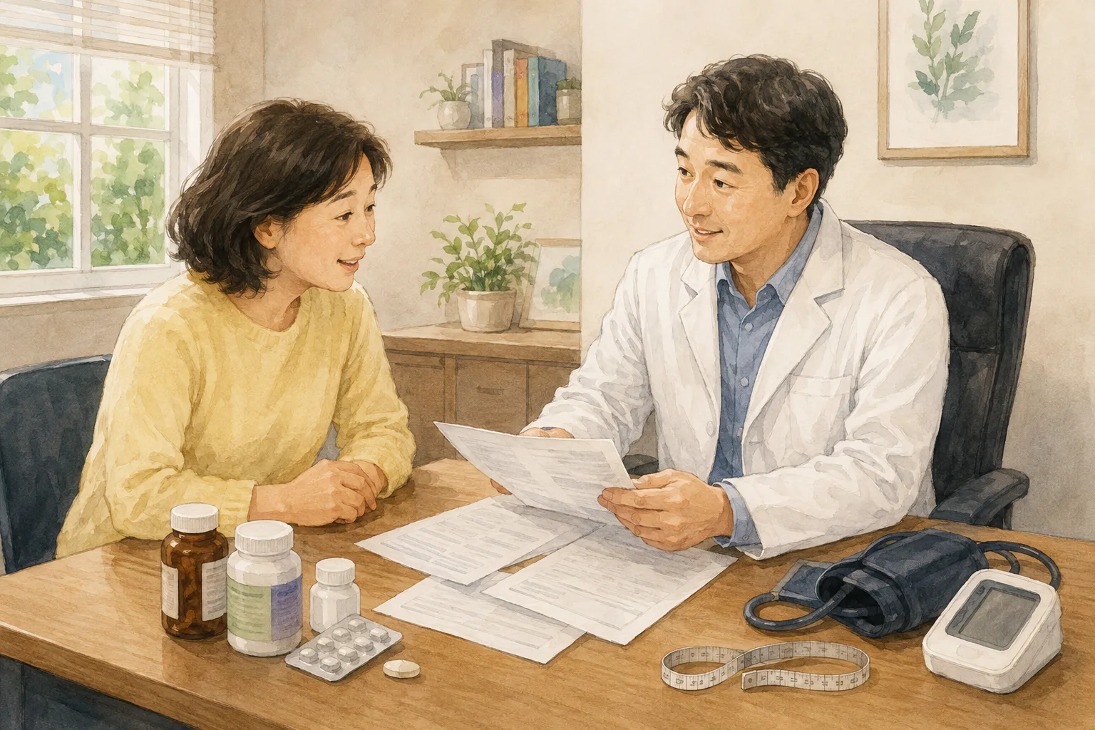 진료실 책상 위에 건강검진 결과지와 약병, 보충제 용기를 펼쳐 둔 환자가 의사와 상담하는 모습.