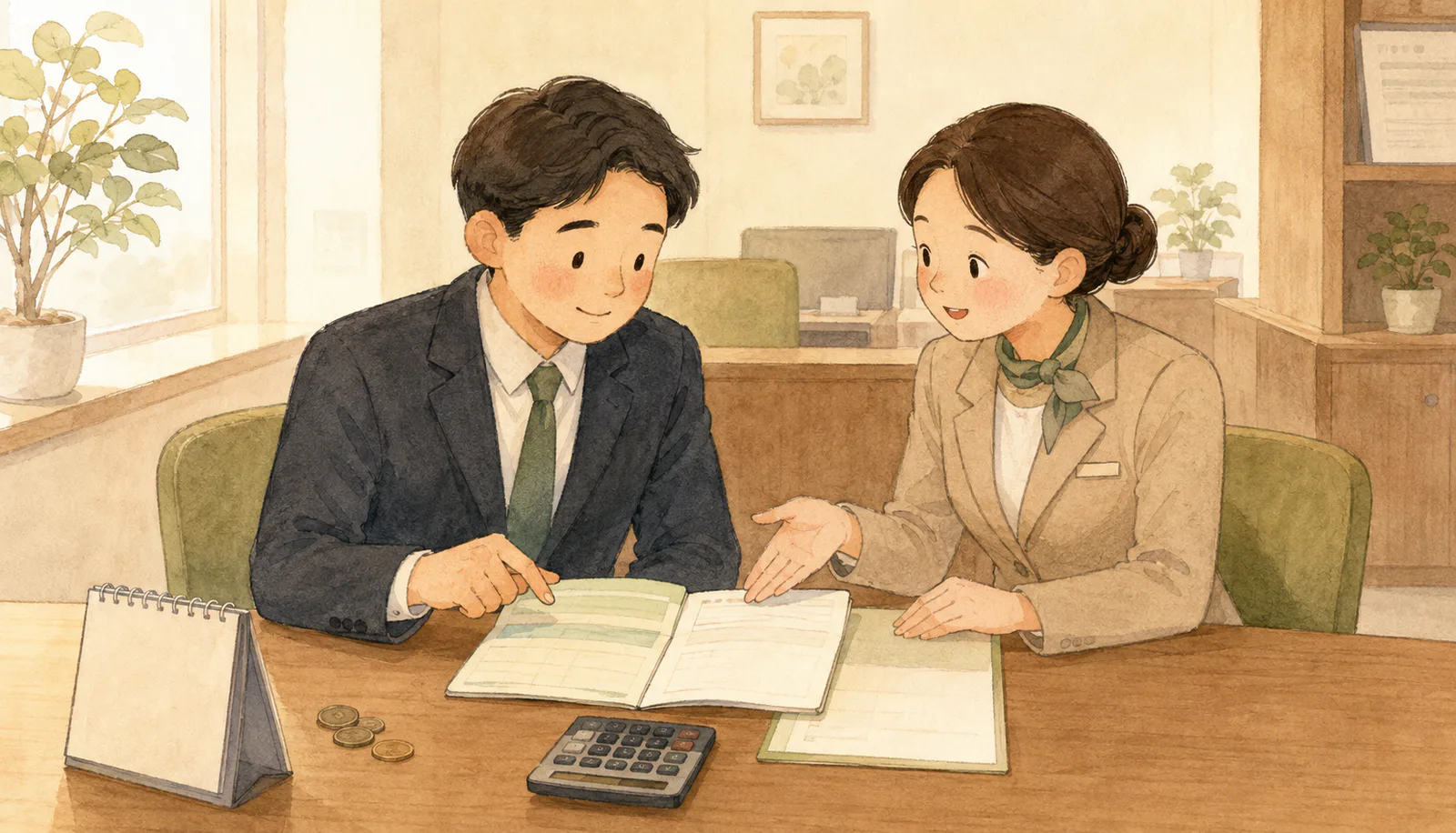 은행 상담 창구에 앉은 고객이 통장과 새 예금 안내지를 펼쳐 놓고 직원의 설명을 들으며 계산기를 살펴보고 있어요.