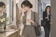 현관 거울 앞에서 손목의 향을 확인하는 사람과 열린 문 너머에서 진한 향을 느낀 듯 반응하는 동료가 보인다.