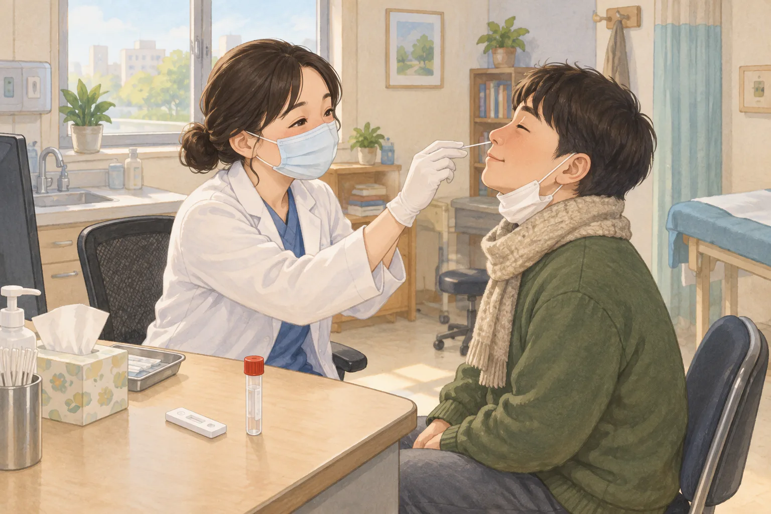 동네 진료실에서 의료진이 앉아 있는 환자의 코에서 검체를 채취하고 진료대 위에 두 종류의 검사 도구가 놓여 있다.