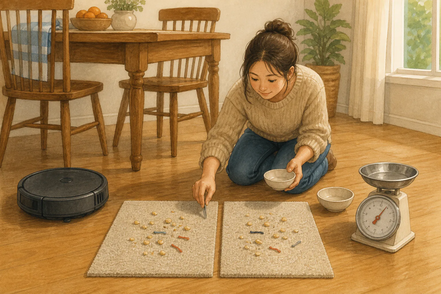 사람이 같은 크기의 카펫 두 장에 마른 부스러기와 짧은 실을 놓고 그릇과 아날로그 저울을 준비하고 있어요.