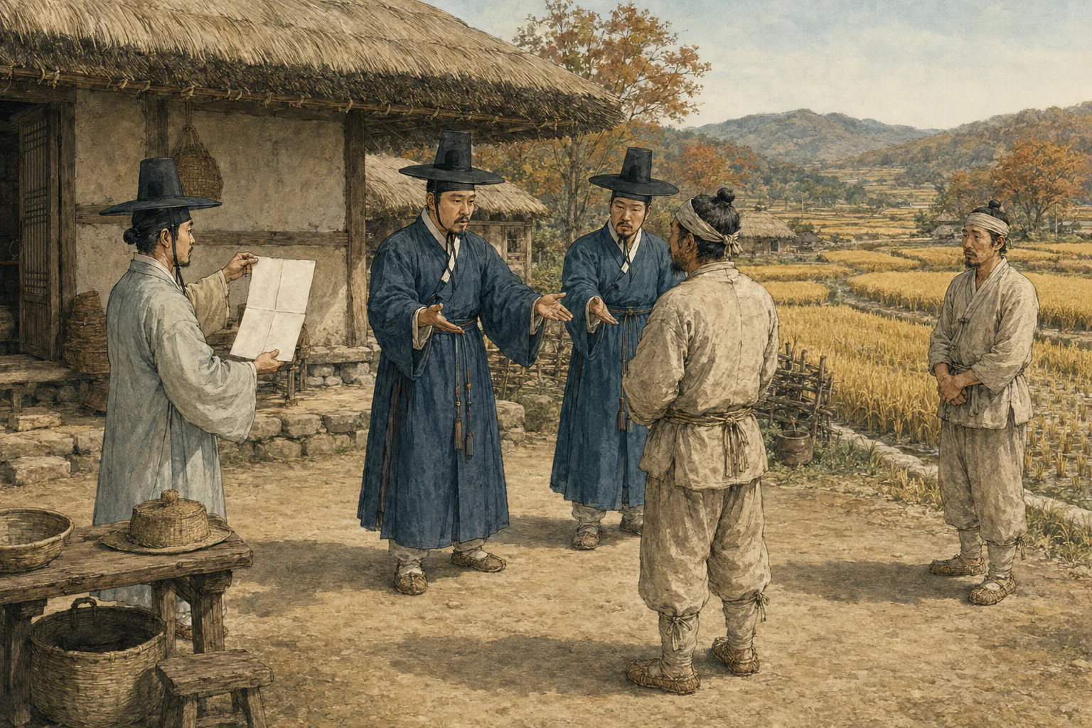 초가집 마당에서 향리가 접힌 처결문을 내보이고 두 관속이 토지 점유자에게 관아 출석을 명하는 모습을 논의 권리자가 지켜보고 있어요.