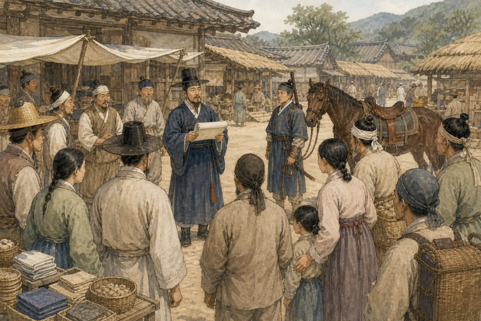 지방 장터의 공터에서 두루마리를 든 아전이 소식을 알리자 농민과 상인들이 둘러서서 듣고 있어요.
