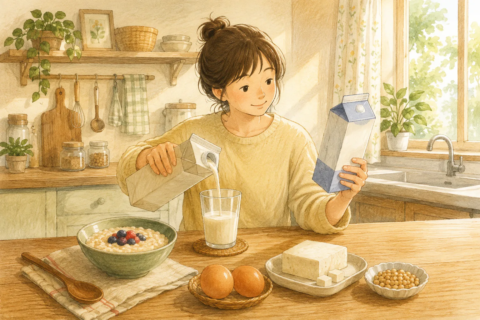 아침 햇살이 드는 주방에서 한 사람이 오트음료를 컵에 따르며 우유 팩의 뒷면을 살펴보고, 식탁에는 오트밀과 달걀, 두부, 콩이 놓여 있어요.