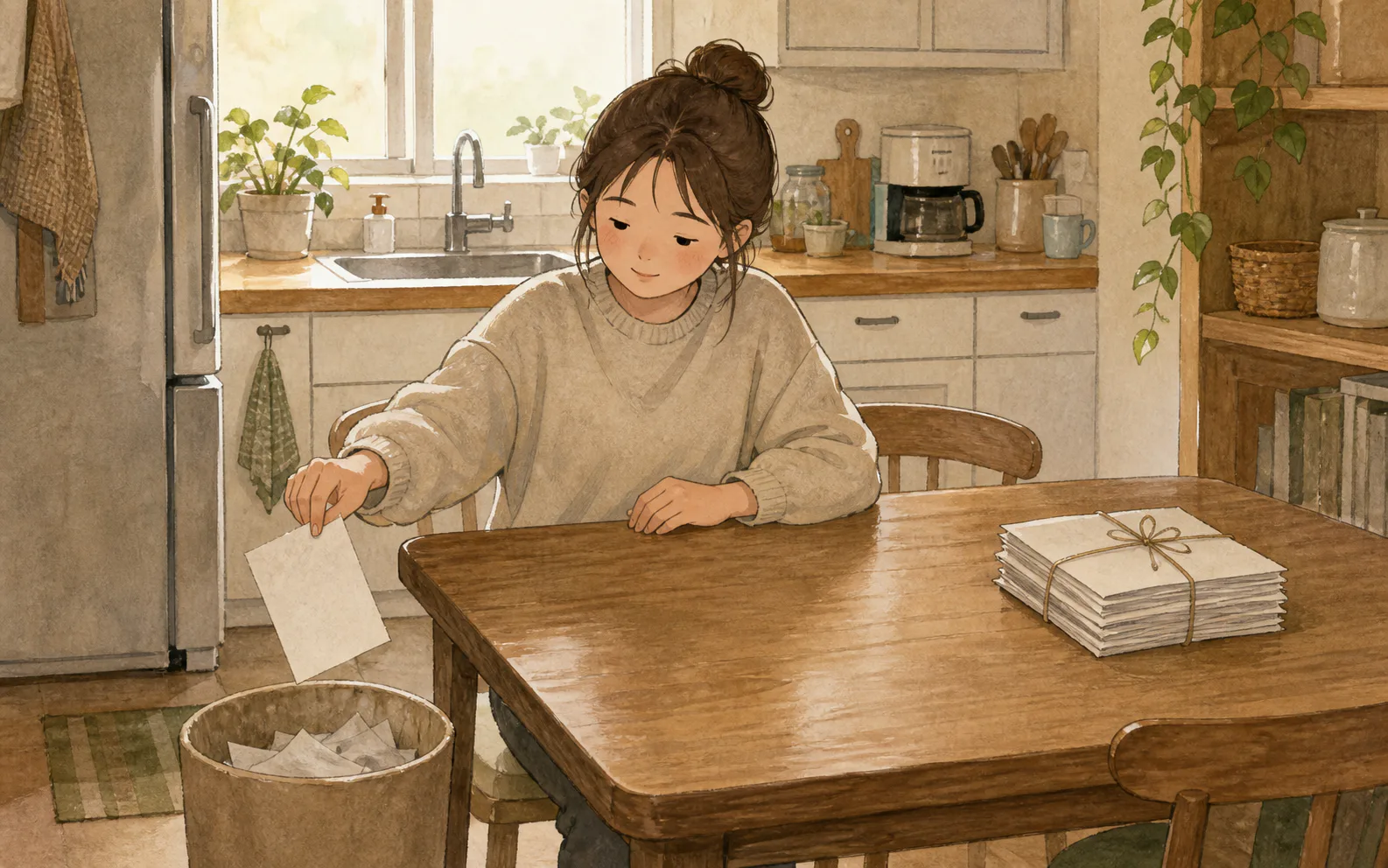 주방 식탁에서 한 사람이 오래된 메모를 종이 재활용함에 넣고 보관할 서류 묶음만 남겨 두고 있다.