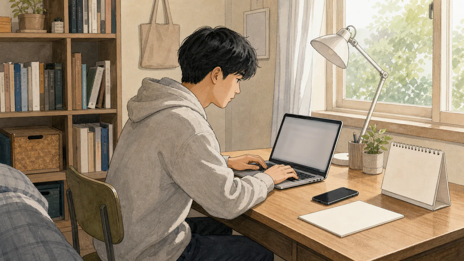 집에서 달력과 휴대전화를 준비해 사회복무요원 소집 본인선택 절차를 확인하는 청년
