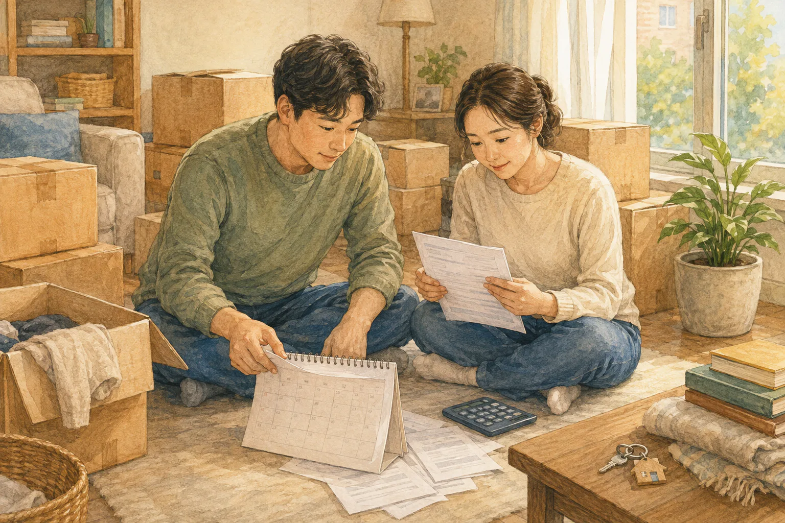 포장 상자가 놓인 거실에서 부부가 달력과 대출 서류, 계산기를 펼쳐 놓고 이사 계획을 상의하고 있다.
