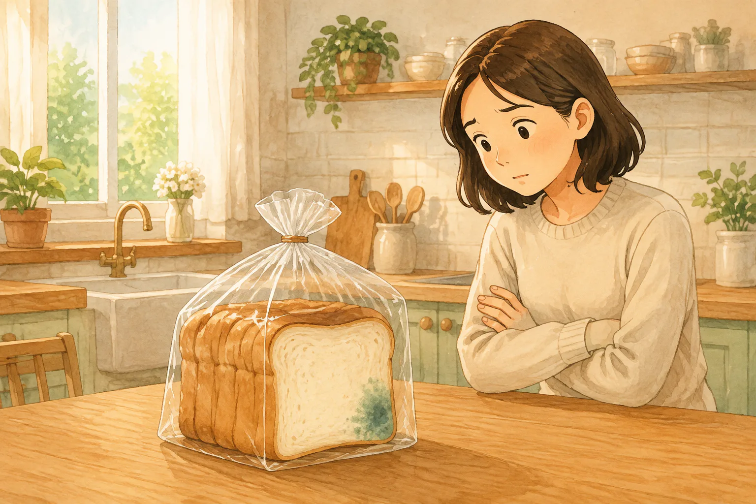 밝은 주방 식탁에서 한 사람이 곰팡이 반점이 생긴 식빵 한 장과 같은 봉지에 든 나머지 빵을 함께 살펴보고 있어요.