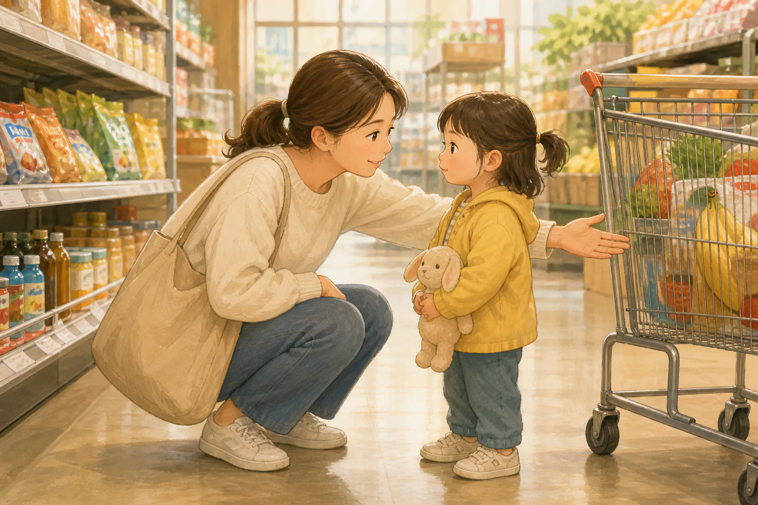 마트에서 진정한 아이가 인형을 안고 서서 보호자의 설명을 듣는 모습