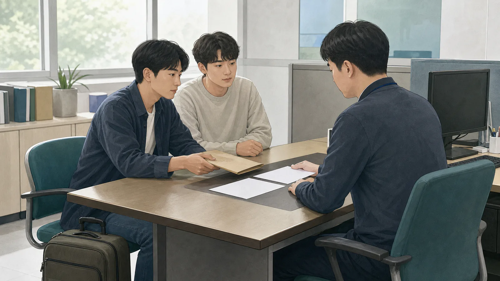 병무 행정기관 상담 창구에서 한 청년이 서류 봉투를 건네고 친구와 함께 담당자의 설명을 듣고 있다.