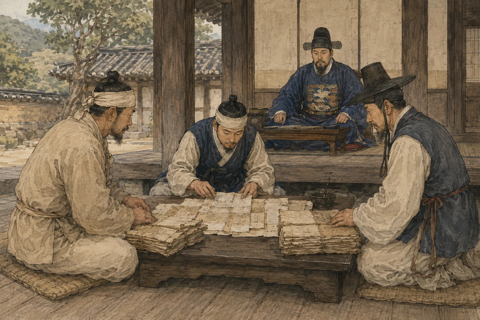 구례현 관아에서 두 소송 당사자가 낡은 토지 문서 꾸러미를 내놓고, 서리가 펼친 문서의 수정 흔적을 살피는 동안 현감이 지켜보고 있어요.