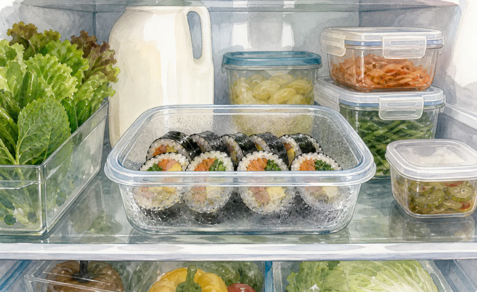 냉장고 선반의 투명 밀폐용기 안에 차갑게 보관된 김밥과 표면에 맺힌 수분을 가까이 보여주는 모습