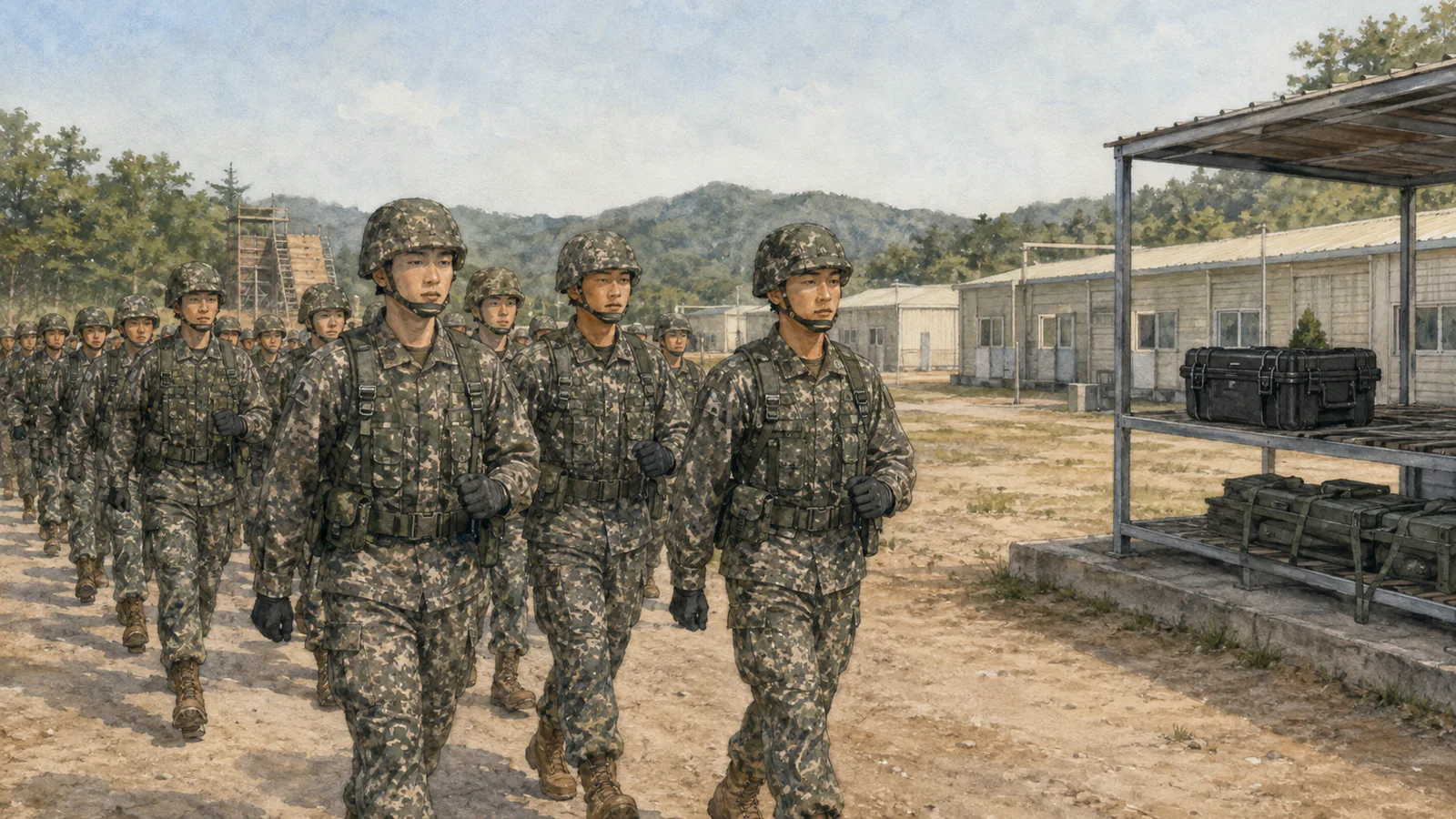 기본 전투 장비를 착용한 신병들이 훈련장을 대열로 이동하고 멀리 교육 시설 옆에는 드론 운반 상자가 놓여 있어요.