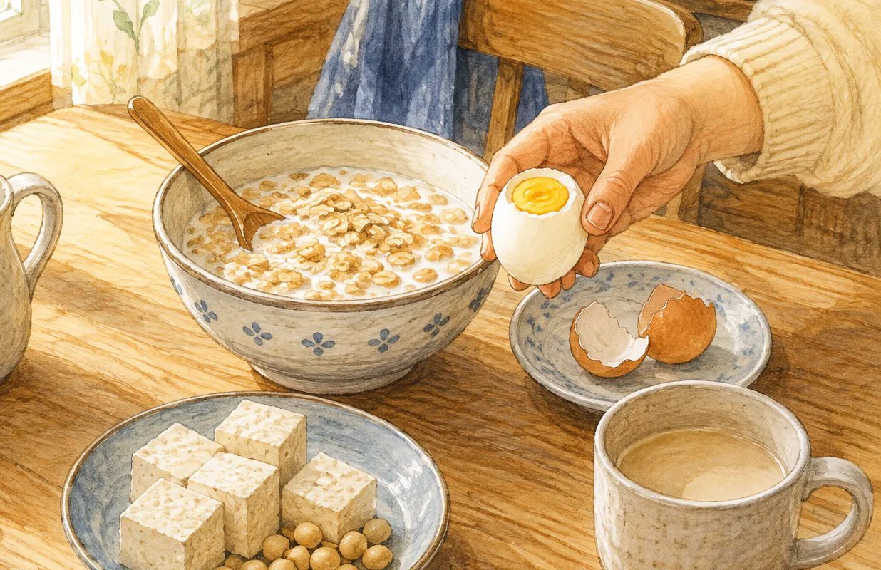 오트음료를 부은 시리얼 옆에 삶은 달걀과 두부, 콩이 놓여 있고 한 사람이 달걀을 집어 식사에 더하고 있어요.