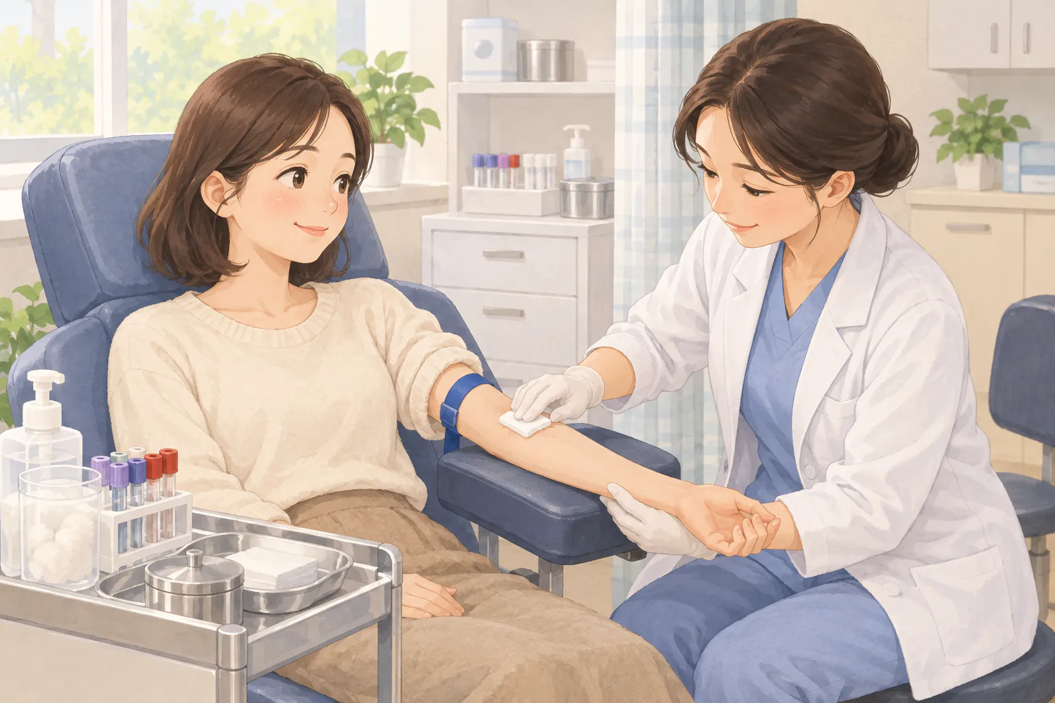 정돈된 채혈실에서 의료진이 성인의 편 팔에 깨끗한 거즈를 대고 바늘 자리를 직접 압박하는 모습