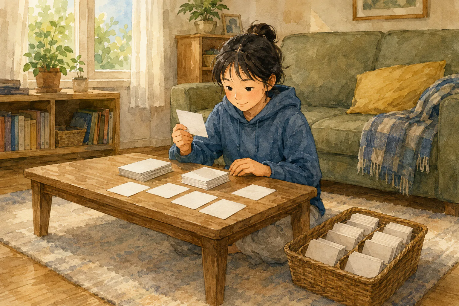 거실의 낮은 테이블 앞에 앉은 학생이 여러 묶음의 단어 카드를 섞어 한 장씩 확인하고 있어요.