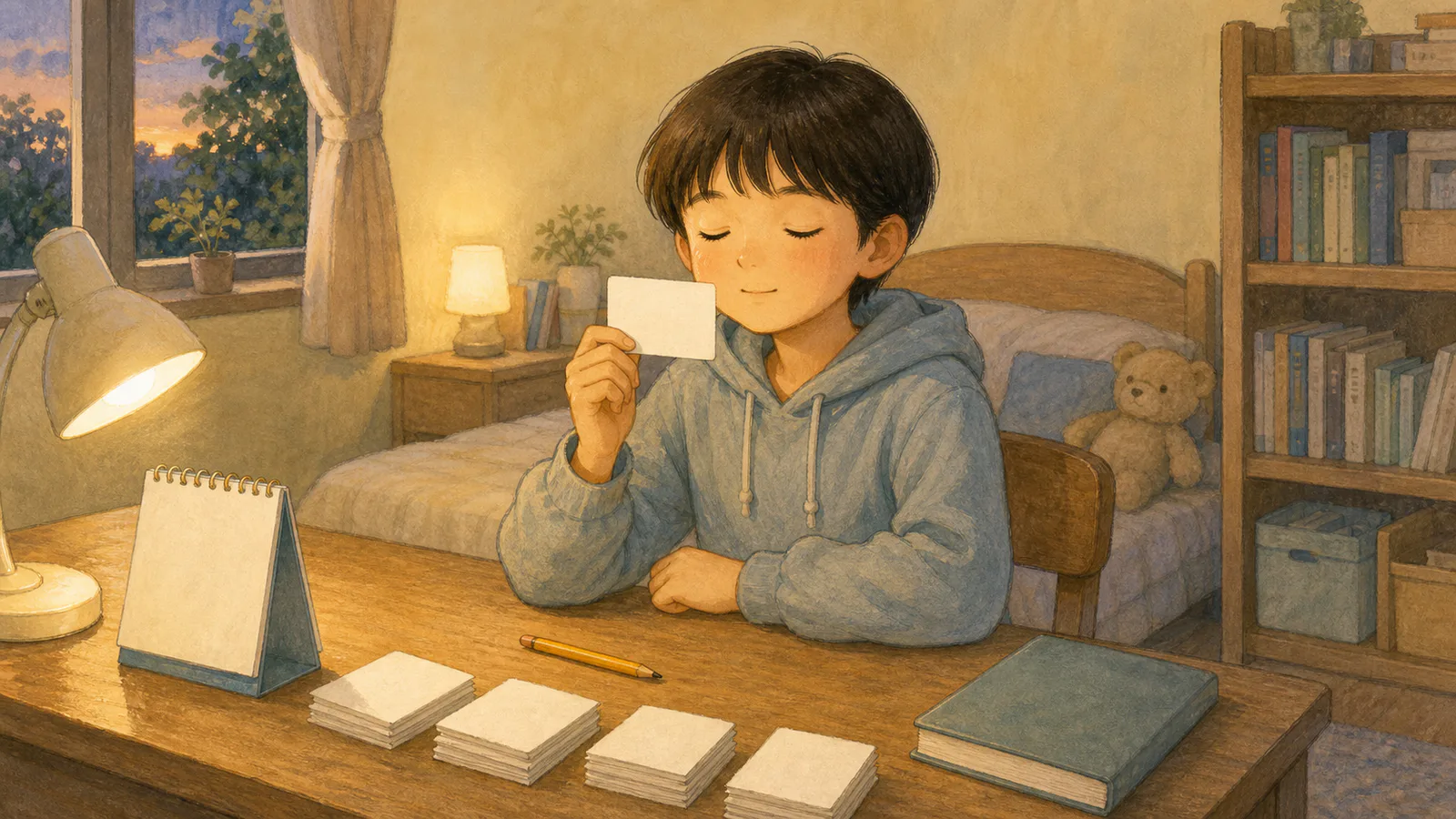 학생이 단어장을 덮은 채 카드 한 장을 보며 뜻을 떠올리고, 옆에는 연필과 여러 묶음의 단어 카드가 놓여 있어요.
