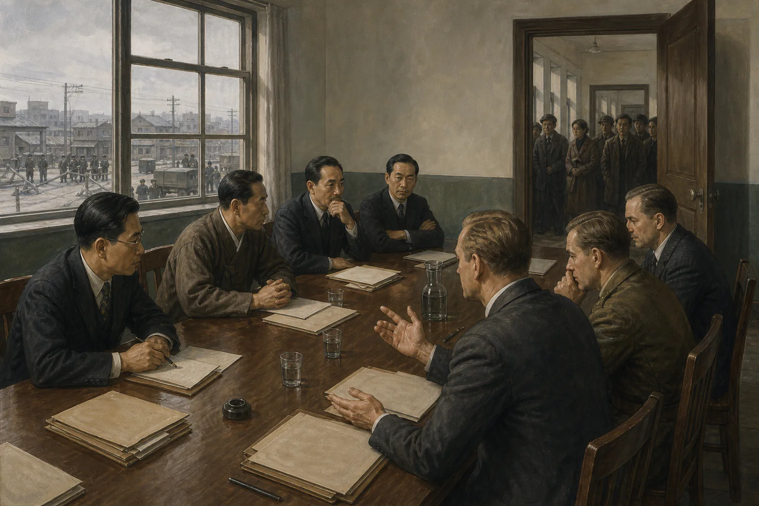 1947년 무렵 회의실에서 미국·소련 관계자와 한국 정치인들이 통일 정부 수립 문제를 논의하지만 의견 차이로 협상이 교착된 모습