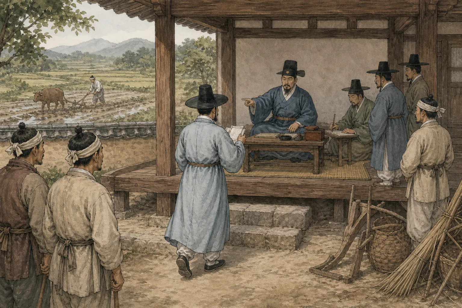 접힌 승소 문서를 든 선비가 목조 관아 뜰에서 수령에게 후속 조치를 청하고, 담장 너머 논에서는 상대가 계속 농사를 짓고 있어요.