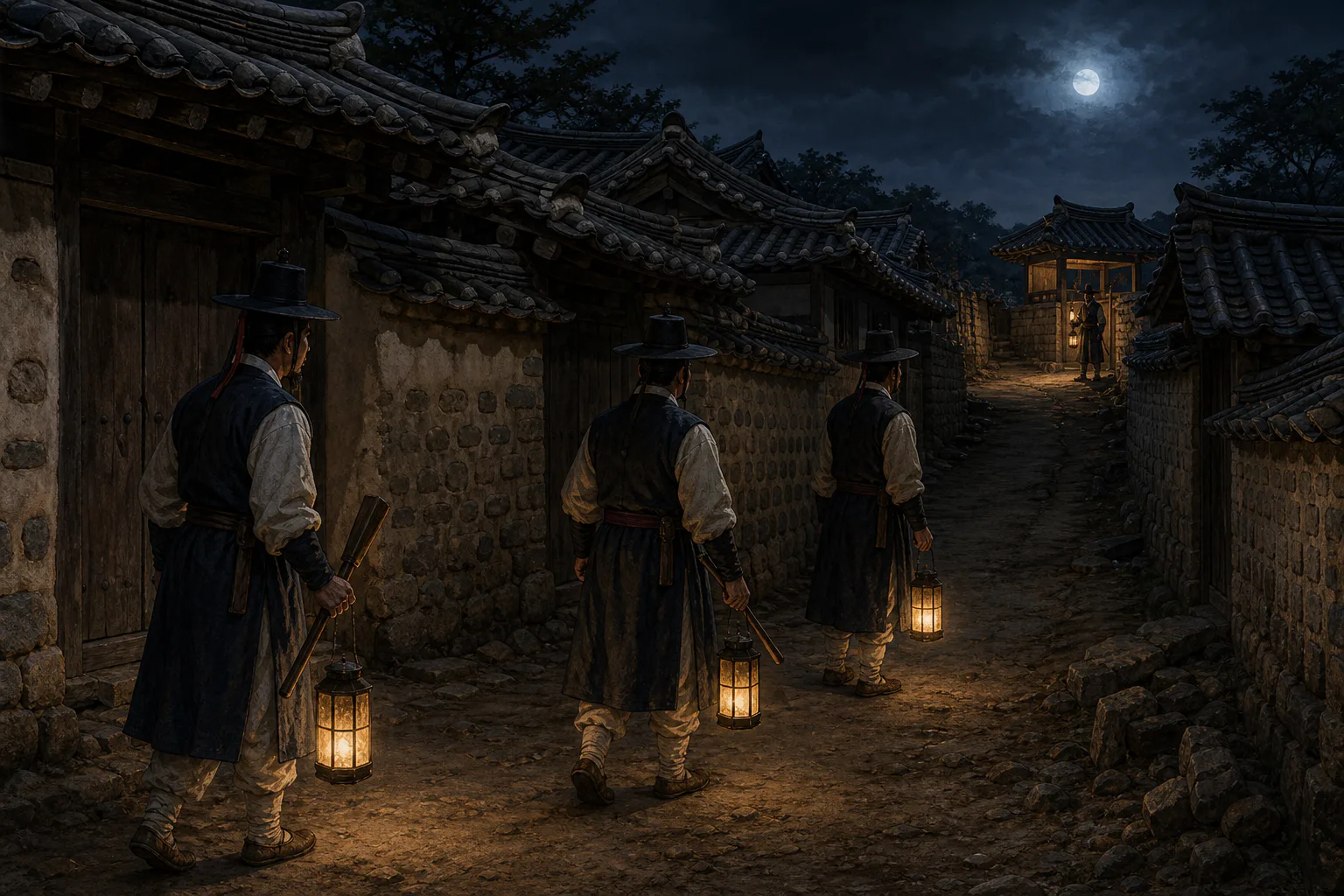 등불과 목탁을 든 순라군들이 달빛 아래 좁은 기와집 골목을 살피고 멀리 경수소의 군사가 길목을 지키고 있어요.