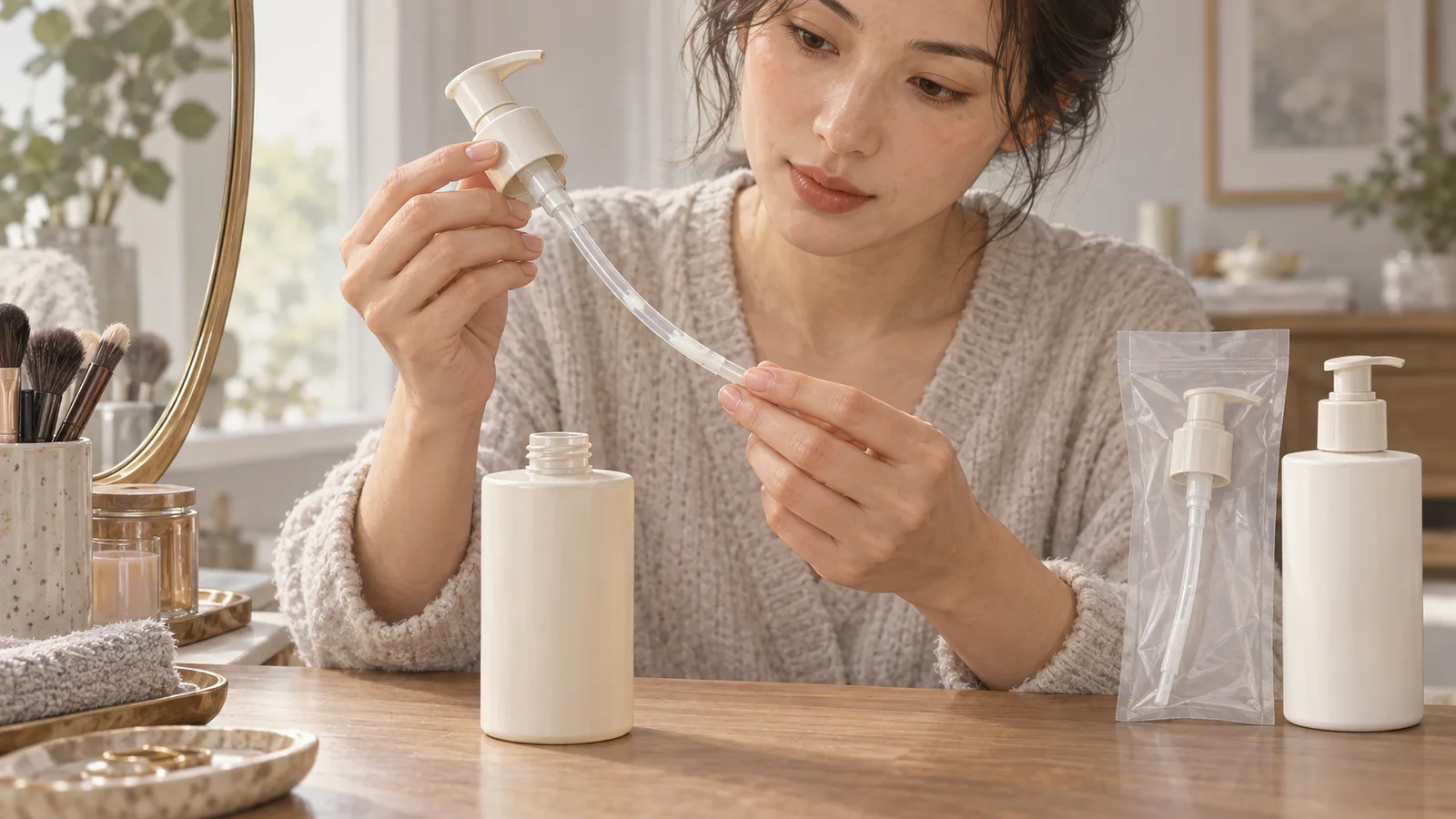 한 사람이 화장품 용기에서 긴 펌프 튜브를 꺼내 살펴보고 있으며 굽은 관 안쪽에 로션 잔여물과 물기가 남아 있어요.