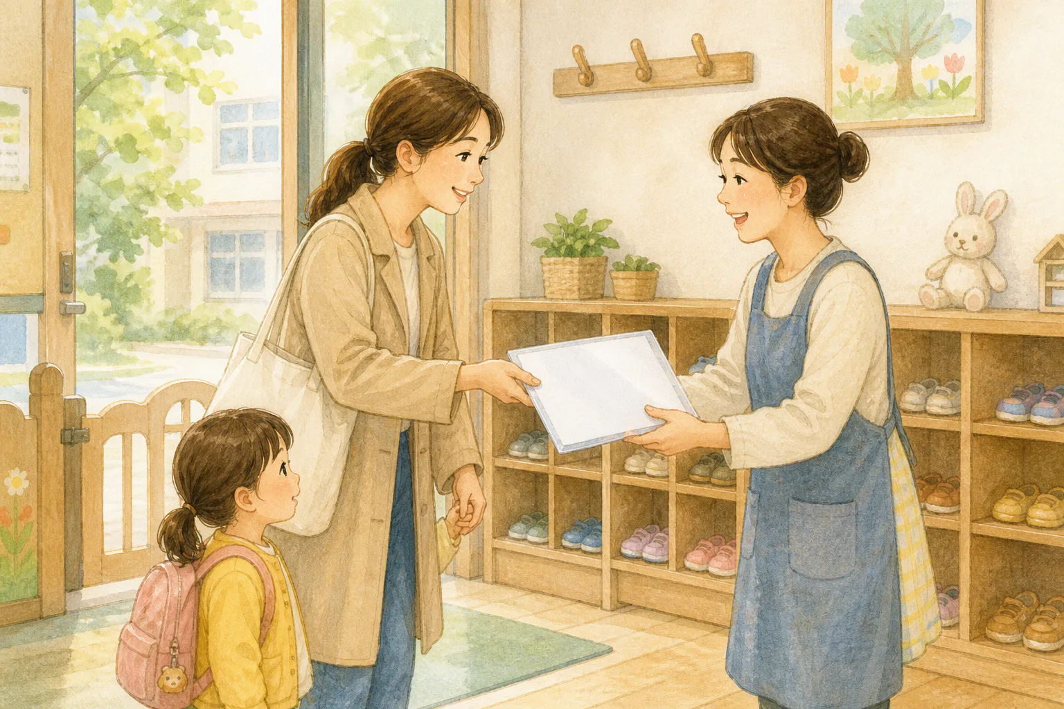 어린이집 현관에서 아이의 손을 잡은 보호자가 담임교사에게 병원 서류가 든 투명 파일을 건네고 있어요.