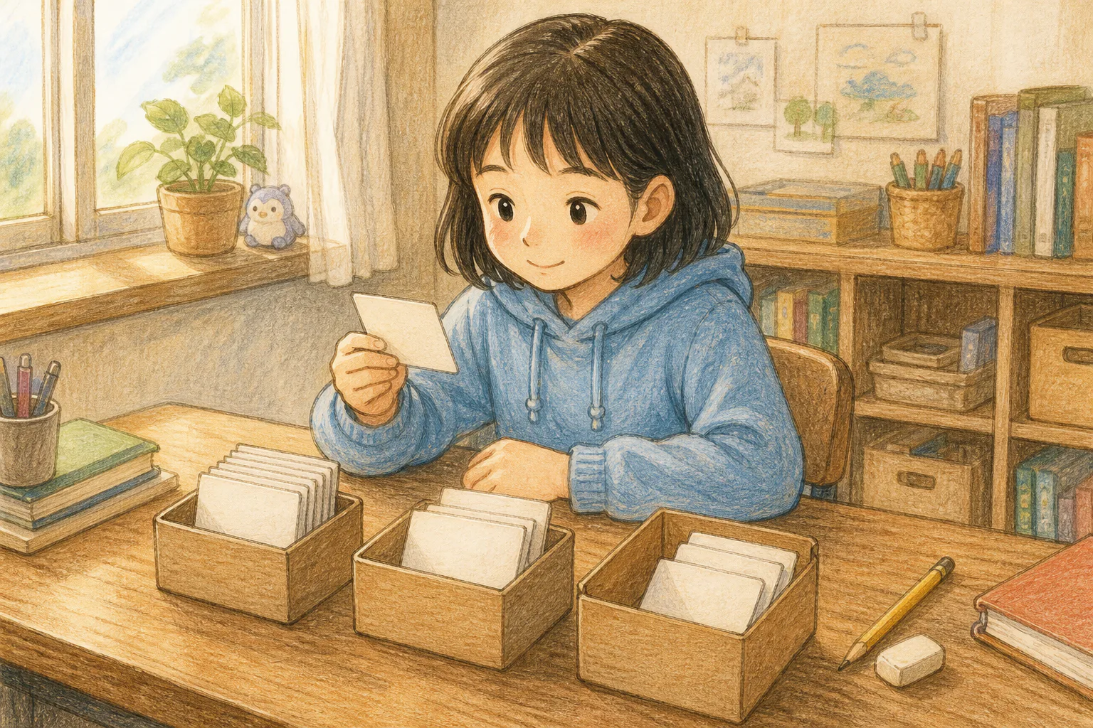 학생이 단어 카드를 세 개의 작은 상자에 나누어 담으면서 틀린 카드 한 장을 다시 살펴보고 있어요.