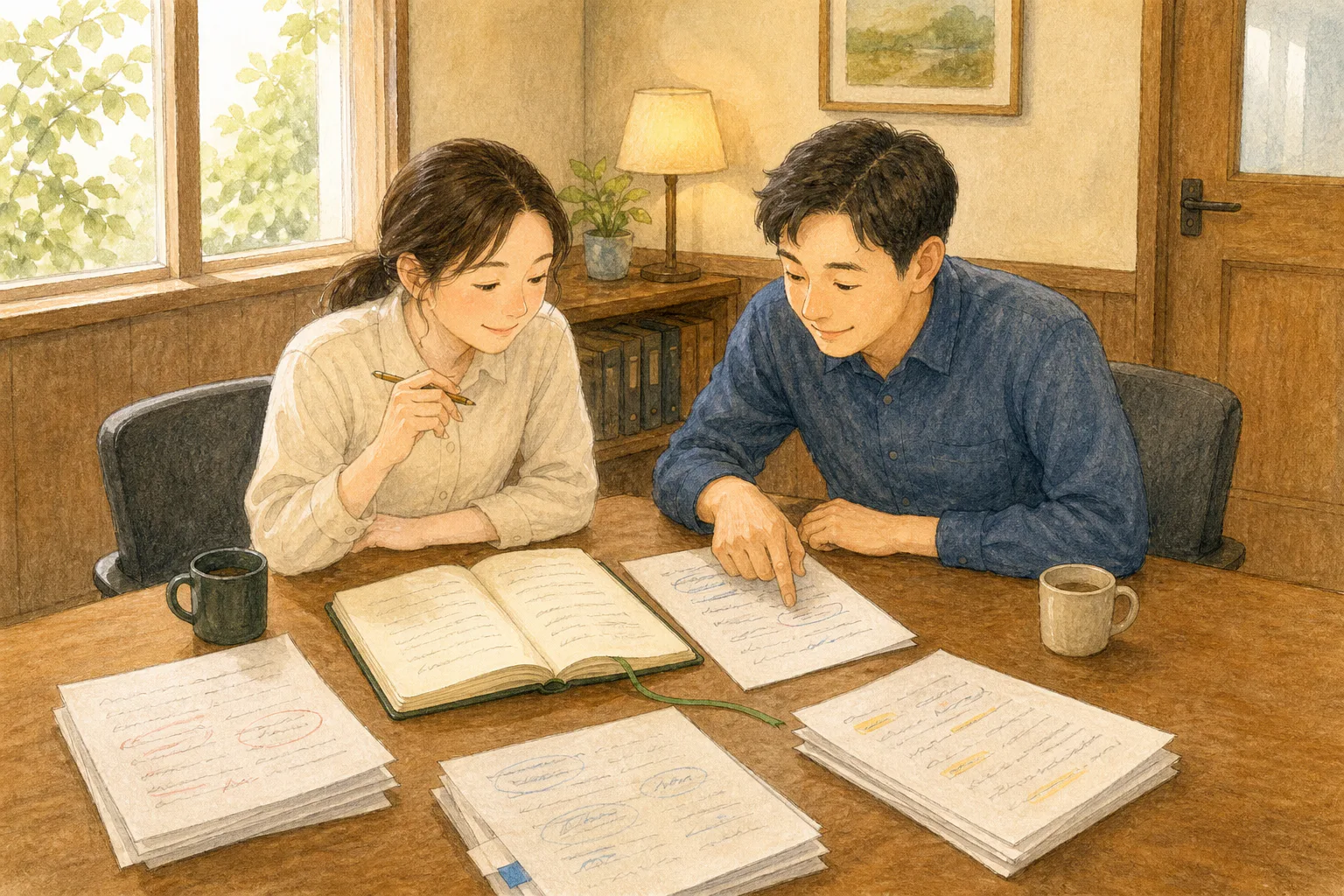작은 회의실에서 두 사람이 여러 문서 중 한 부를 골라 펼친 기록 노트 옆에 놓고 함께 확인하고 있다.