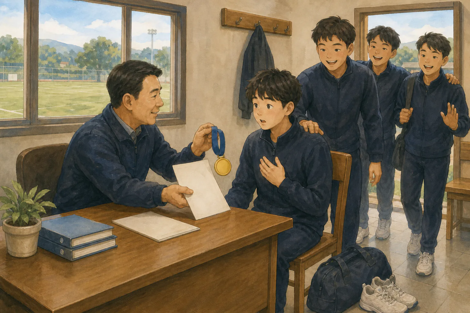 운동장 옆 사무실에서 지도자가 후보 선수에게 메달과 서류를 건네고 동료들이 지켜보는 모습