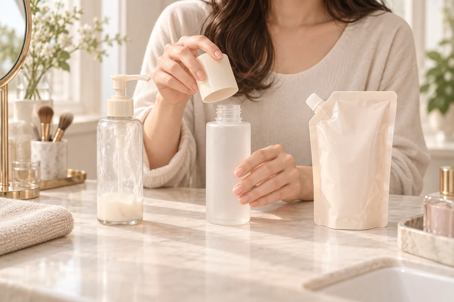 밝은 화장대 위에 내용물이 조금 남은 펌프 용기와 밀봉된 리필 파우치, 비어 있는 새 화장품 용기가 서로 떨어져 놓여 있고 한 사람이 새 용기를 준비하고 있어요.